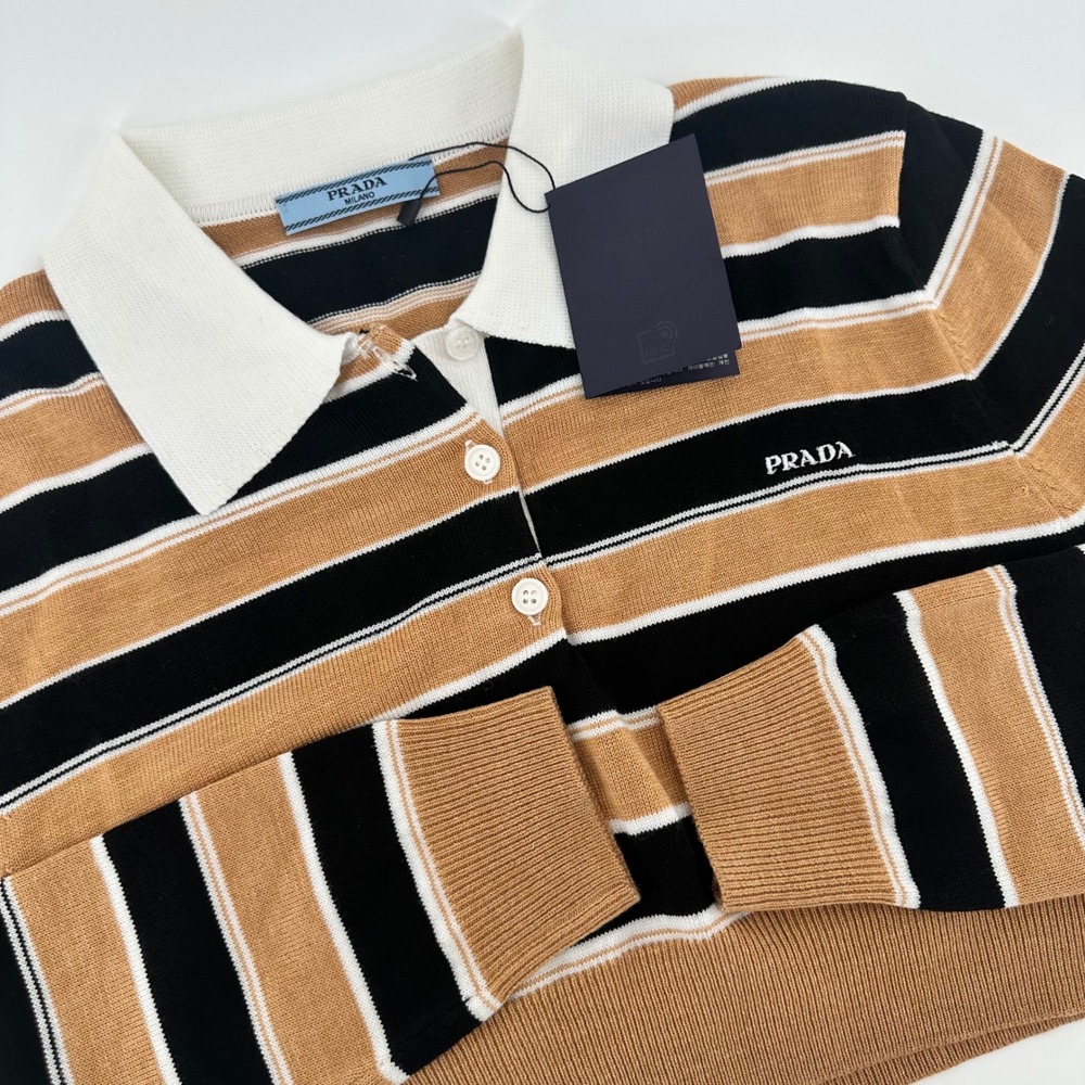 Prada Cropped Striped Wool Polo Sweater Tan Black Small UJM566 NEW/RFID Tag